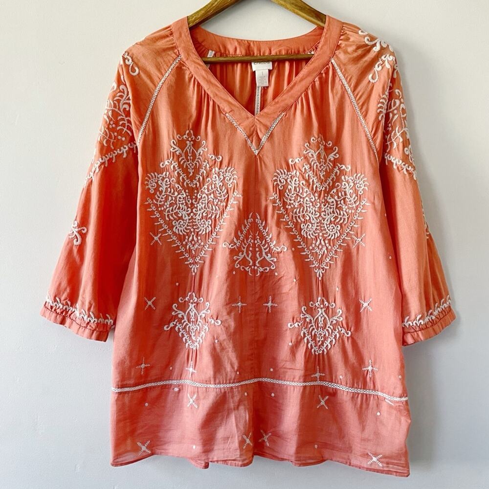 Chico's Embroidered Blouse Coral & White Size 1 (Sm/Med) EUC